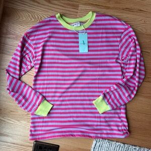 NWT WIHOLL Pink & Lavender Striped Long Sleeve Tee Neon Trim Size S